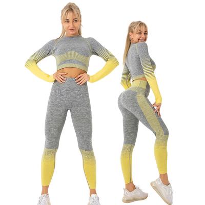 China Wholesale Breathable Stripe Yoga Long Sleeve And Leggings Set Workout Running Gym Sports Wear Women Set for sale