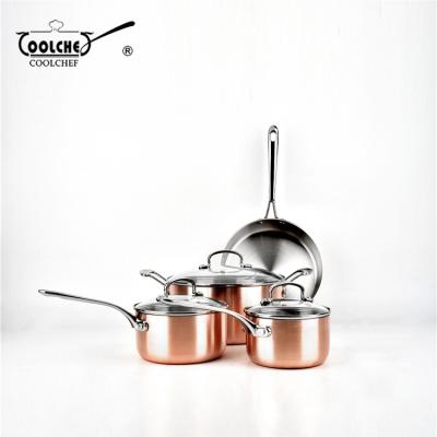 China Sustainable 7pcs Triple Copper Stainless Steel Pot Professional Cookware Set Pan Casserole for sale