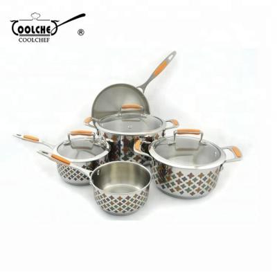 China Sustainable stainless steel decal 8pcs cookware set with decoration firing for sale