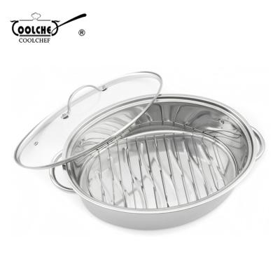 China Sustainable Glass Lid Covered Oval Turkey Roasting Pan 42cm Stainless Steel Roasting Pot Pan for sale