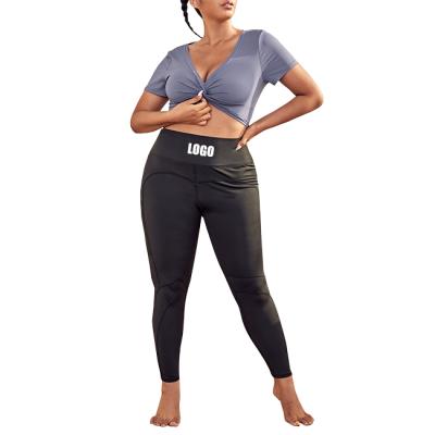 China Custom Breathable Deep Logo Front Knot Sleeveless V Neck Crop Top And Black Yoga Pants Set Two Piece Yoga Suit for sale