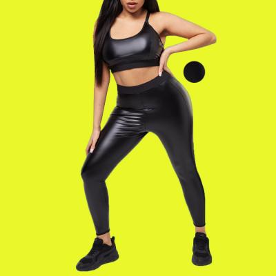 China Breathable Women Yoga Wear Sports Fitness Bra Sports Gym Yoga Wear Leather Leggings Two Piece Set for sale