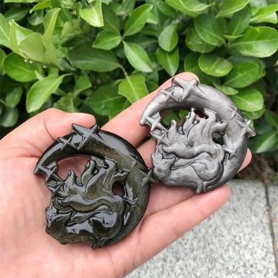 China Europe Wholesale Natural Obsidian Nine-tailed Fox Hand-carved Crystal Healing Stone Home Decoration for sale