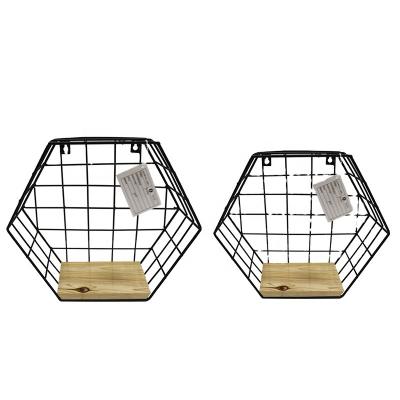 China Custom Nordic Rustic Iron Home Decor Wall Basket Geometry Wire Black Box Maker Storage Metal Wire Baskets Metal Baskets 2PCS for sale