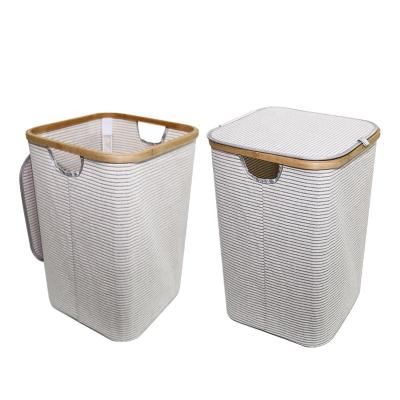 China Durable Fabric Baskets With Lid Bins Bamboo Frame Cotton Eco-Friendly Organizers Handled Dirty Bathroom Clothing Laundry Baskets for sale