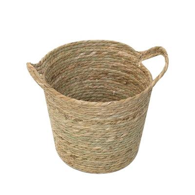 China Sustainable Natural Rush Grass Basket Hoops New Hang Tag Customized Logo 2021 Handcrafted Handled Storage Woven Laundry Basket for sale