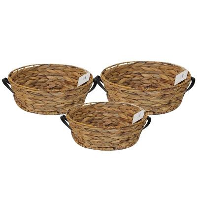 China Sustainable Weaving Basket Storage Leather Handle Fruit Tray Set Custom Factory Natural Fiber 3pcs Around Water Hyacinth Tray Basket for sale