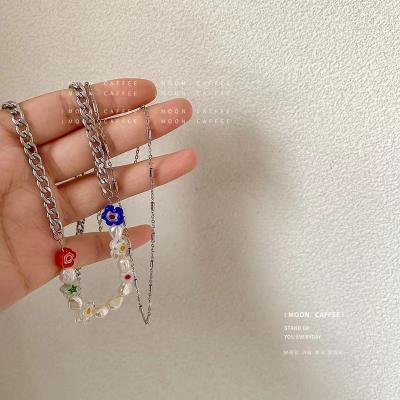 China TRENDY Flower Two Piece Glass Baroque Freshwater Pearl Chain Beaded Clavicle Necklace for sale