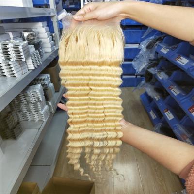 China Deep Wave 16 18 20 22 Straight 24in/Body/Deep Wave 613 Blonde Virgin Hair HD Lace Closure In Stock for sale