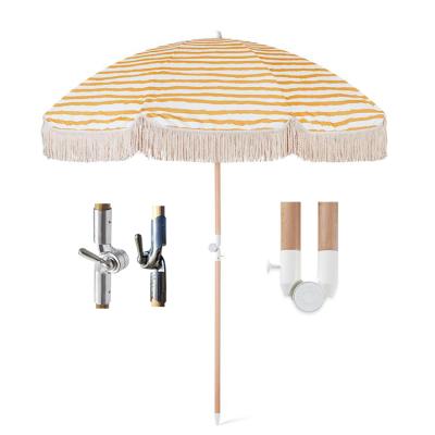 China Sun Parasol Vintage Coastal Luxury Bohemian Beach Umbrella With Tassels Fringe Recycled Boho Beach Umbrella for sale