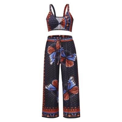 China Summer Women's Casual Sexy Party Ladies V-Neck Breathable Bohemian Beach Suit Two Piece Top And Pants for sale