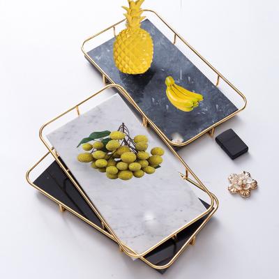 China Food Tray Marble With Gold Metal Serving Tray Hotel Rectangle for sale