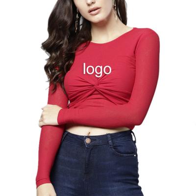 China 2019 New Fashion Women's Bamboo Red Ribbed Crop Anti-pilling Long Sleeve Top Link In Front Crop Top for sale