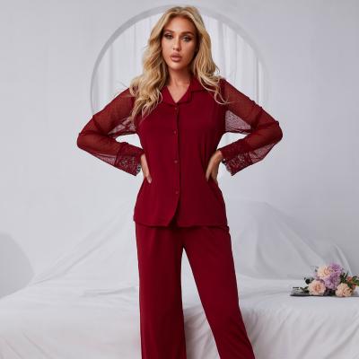 China 2021 Solid Color Breathable Lace Christmas Chiffon Pajamas Girls Silk Leisure Wear 2 Pice Set Plus Size Women's Sleepwear for sale