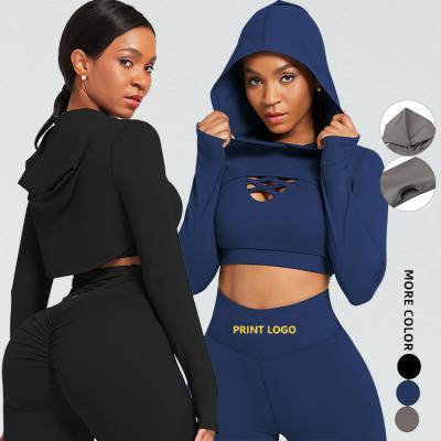 China Shirts & Tops In Now Running Women Long Sleeves Cropped Workout Hoodie Crop Top Cutout Hooded Hoodie Top Quality for sale