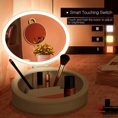 China LED Lighted Makeup Mirror With Touch Sensor Table Beauty Pink With Stand Light Cosmetic Face Mirror With Storage for sale