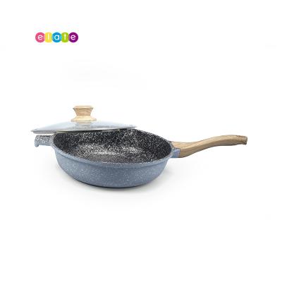 China Sustainable Pan Skillet Pan Deep Fry Non-Stick Frying Pan With Glass Cover Wood Handle for sale