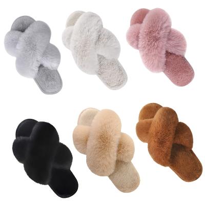 China Fashion Trend With Furry Comfortable Open Toe House Shoes Faux Rabbit Stripe Women's Soft Plush Cross Slippers Quality Assurance for sale