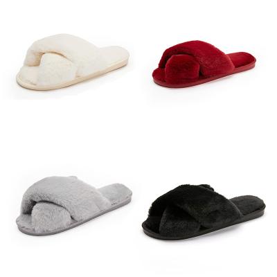 China Fashion Trend Women's Faux Rabbit Fur Furry Open Toe House Shoes Soft Plush Cross Slippers Stripe Comfortable for sale