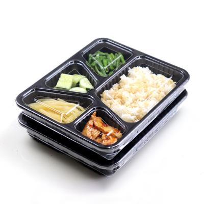 China Food Meal Lunch RPP/PP Black Disposable Plastic Bento Box Container 5 Compartment Takeaway Bento Food Storage Lunch Box for sale