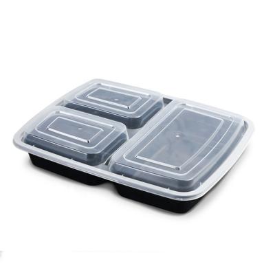 China Disposable 3 Compartment Black Plastic Takeout Container Microwavable PP Lunch Box for sale