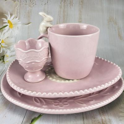 China 4 Pieces Cute Pink Ceramic Embossed Bunny Mug Stoneware Egg Cup Dish Dinner Viable for sale