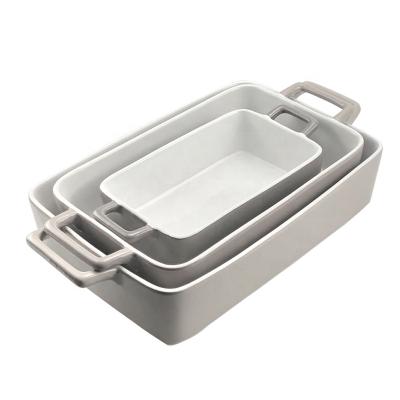 China Sustainable Ceramic Baker Set Stoneware Rectangle Ceramic Molds Of 3 With Handles Bakeware Sets for sale