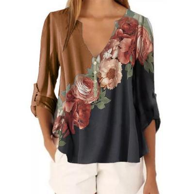 China Color Contrast Summer Anti-pilling Women's V Collar Floral Print Shirt Chiffon Top for sale