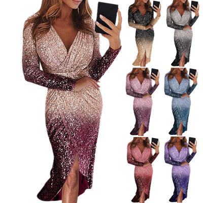 China Anti-static Fashion Dress Evening Dress Long Sleeve Gradient Sequin Long Dinner Dress for sale