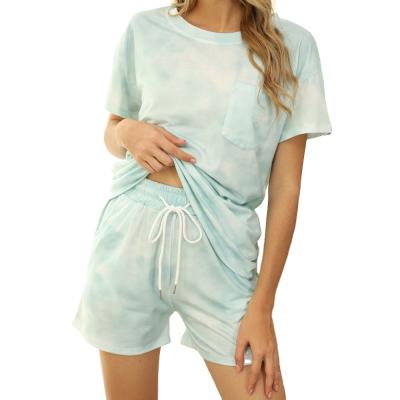 China Breathable Tie Dye Plaid Short Sleeve Comfortable Cute Two Piece Shorts Set Casual Women for sale