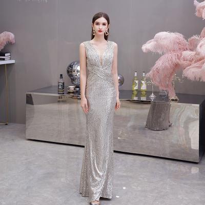 China Anti-static women's sequin evening dress skirt V-neck banquet temperament elegant party evening dresses long for sale