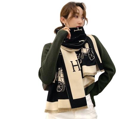 China Fashion Warm Soft Cozy Women's Long Shawl Letters Jacquard Pashmina Pashmina Scarf With Strip Large Tassel Winter Warm Scarves Soft Cashmere Luxury Scarf for sale