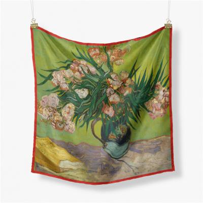 China Wholesale European and American Style 53*53cm Van Gogh Oil Painting Pattern Decorate Ladies Adjust Silk Satin Scarves Square Scarf Simple Instant Hijab for sale