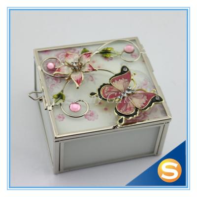 China Wedding Gifts Flower Butterfly Design Jewelry Box Glass Trinket Box for sale