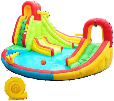 China Synthetic inflatable water park with double blower water slide, splash pool, basketball hoop for sale