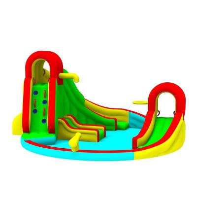 China Synthetic outdoor inflatable water park with double blower water slide, splash pool, basketball hoop for sale