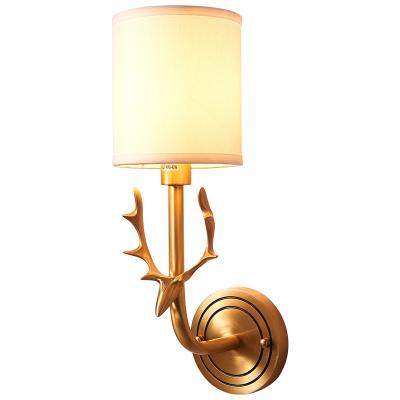 China Modern Factory Exclusively For Antler Bedside Wall Lamp Fabric Shade Hotel Bedroom Aisle Wall Copper Brass Lighting for sale