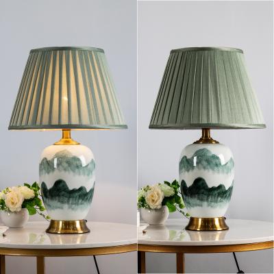 China Wholesale Modern Antique Luxury Round Fabric Shade Design Hand Paint Green Ash Green Ceramic Table Lamp Shade for sale