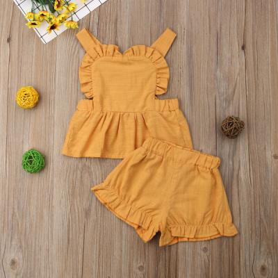 China New Breathable Boutique Eco-Friendly Summer Set Breathable Canvas Little Girls Sleeveless Ruffle Backless Dress Ruffled Short Panty Outfits for sale