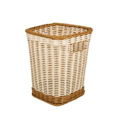 China Sustainable Handmade PP Rattan Towel Basket With Handle Artificial Hotel Rattan Clothes Storage Basket for sale