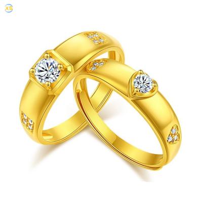 China Romantic Heart Diamond 24K Gold Brass Adjustable Wedding Couple Ring for sale