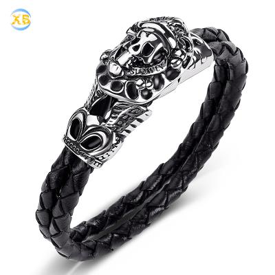 China Luxury Wholesale Genuine Leather Skull Bracelet Black Braid Stainless Steel Bracelet Men for sale