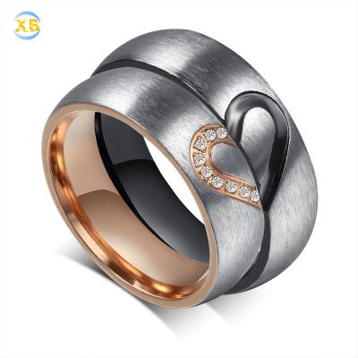 China Micro Drill Wholesale Zircon Fashion Heart Wire Drawing Titanium Steel Ring Lovers for sale