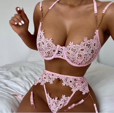 China Mature Women Lingerie Women Sexy 3 Pieces Lace Up Embroidery Hollow Out Girls Hot Temptation Underwear Female Sexy Lingerie for sale