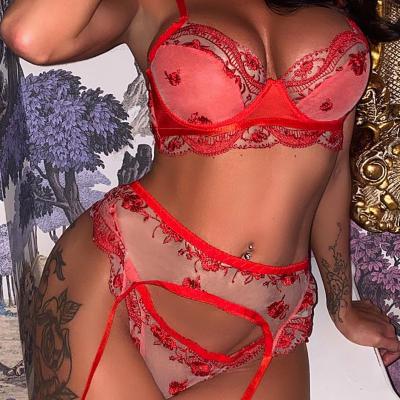 China Red floral embroidery mature women's sexy lingerie hot sexy lingerie sexy underwear three pieces for sale