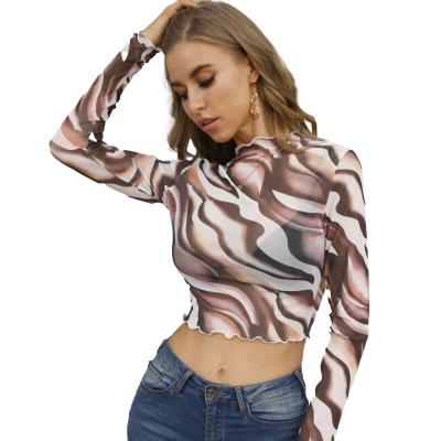 China Anti-pilling Floral Print Tank Top Stand Collar Knit Soft Long Sleeve Blouse Top Slim Fit Women Blouse for sale