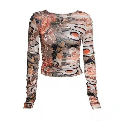 China Autumn fashion custom made ladies anti-pilling long sleeve digital printing floral round ladies t neck blouse for sale