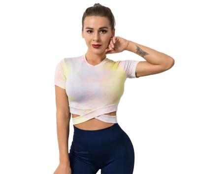 China 2021 Anti-wrinkle fashion tie-dye sleeved T-shirt short round neck shirt women's leisure sport top women's fashion T-shirt for sale