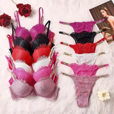 China Customized Breathable Women Lace Up Sexy Bra Set 3/4 Cup Lift Up Bralette Rhinestone Chain Bikini Underwear Female Panteis Lingerie Bra for sale