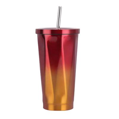 China Stainless Steel Straw Tumbler Cup 480ml Diamond Gradient Ribbon Lid Water Viable Irregular Wall Double Cup for sale